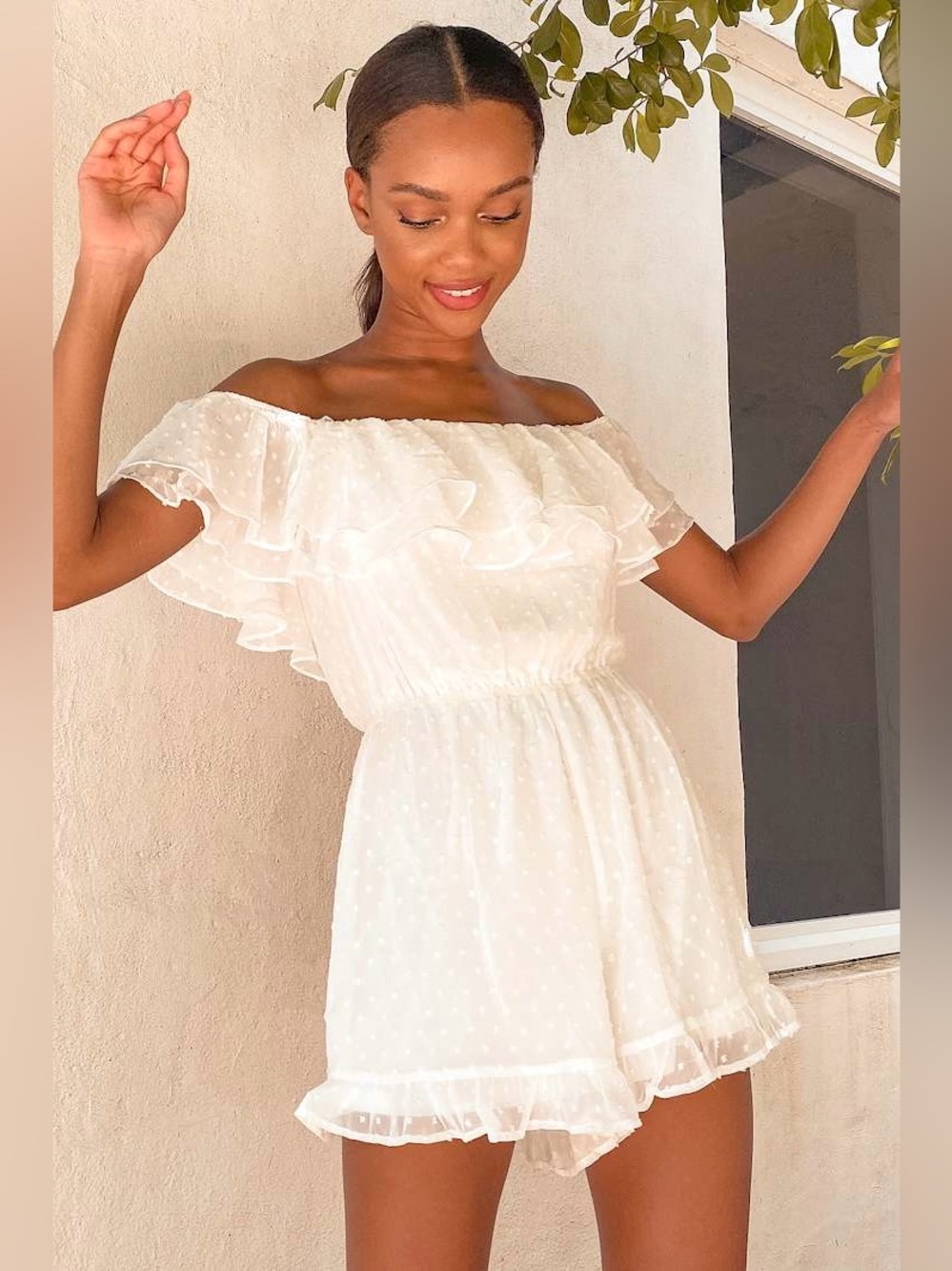 LULUS Swiss Dot Chiffon Ruffle Off Shoulder Cottagecore Coquette Girl Romper XS